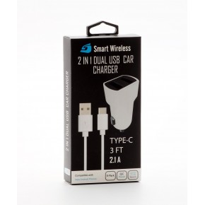 2 in 1 Car Charger-Type C-Black-White 2.4 Amp.