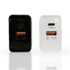 A black and white charger sitting next to each other.