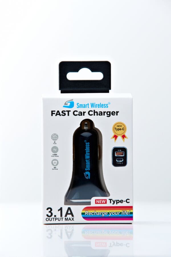 Black 3.1A fast car charger with Type-C port.