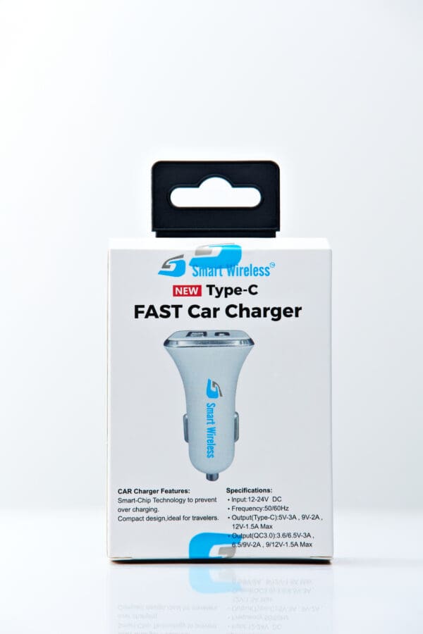 White type-c fast car charger in packaging.