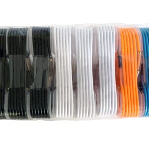 Multicolored charging cables in packaging.