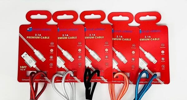 Five premium 2.1A charging cables for iPhone.