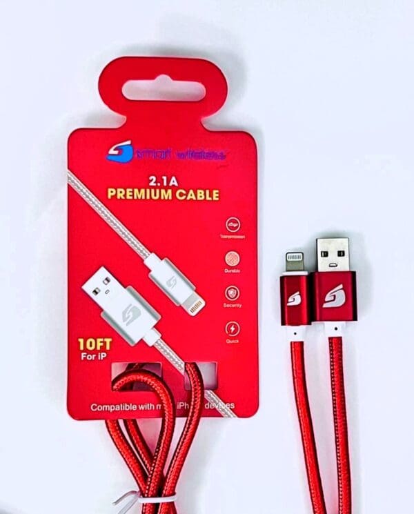 Red 10ft iPhone charging cable with packaging.