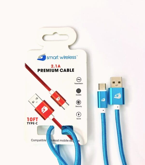 Blue and red 10ft type-c charging cables.