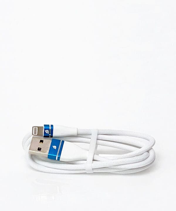 White braided charging cable with blue accents.