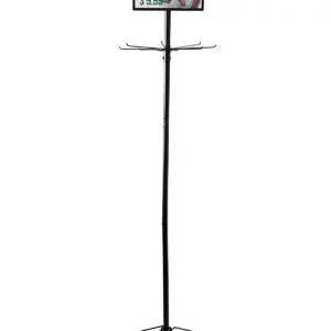 Black metal stand with charging cable display.