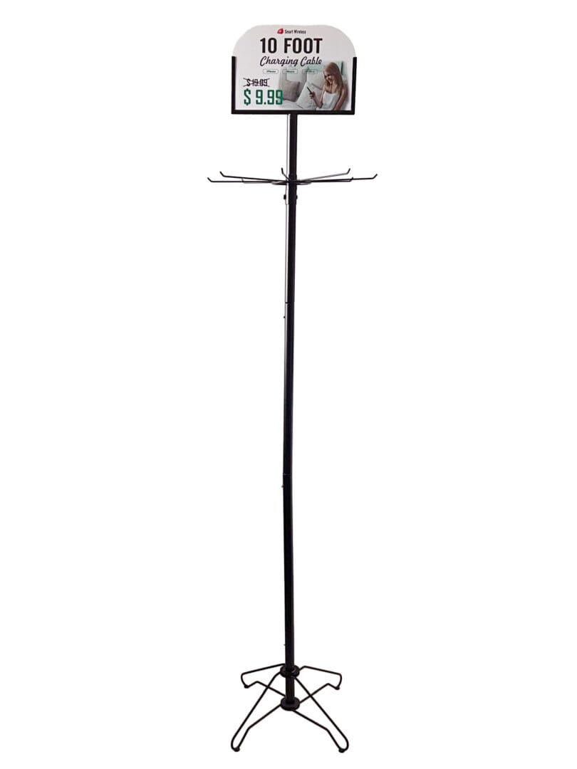 Black metal stand with charging cable display.