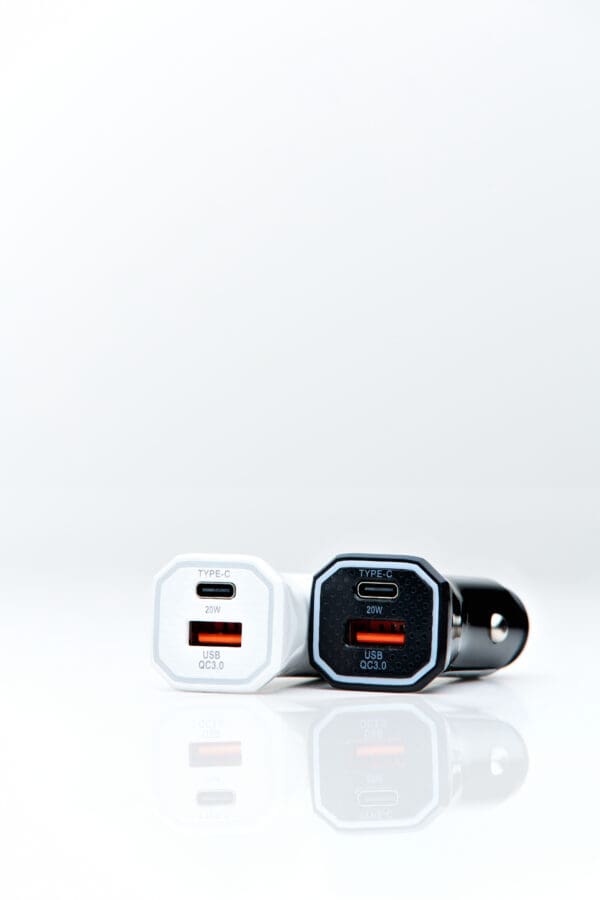 Two 20W car chargers with type-C and USB ports.