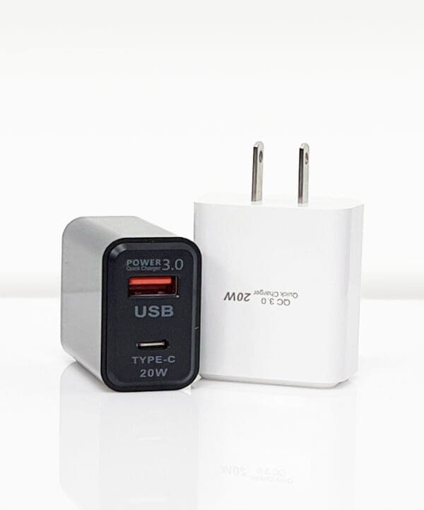 Black and white USB wall charger.