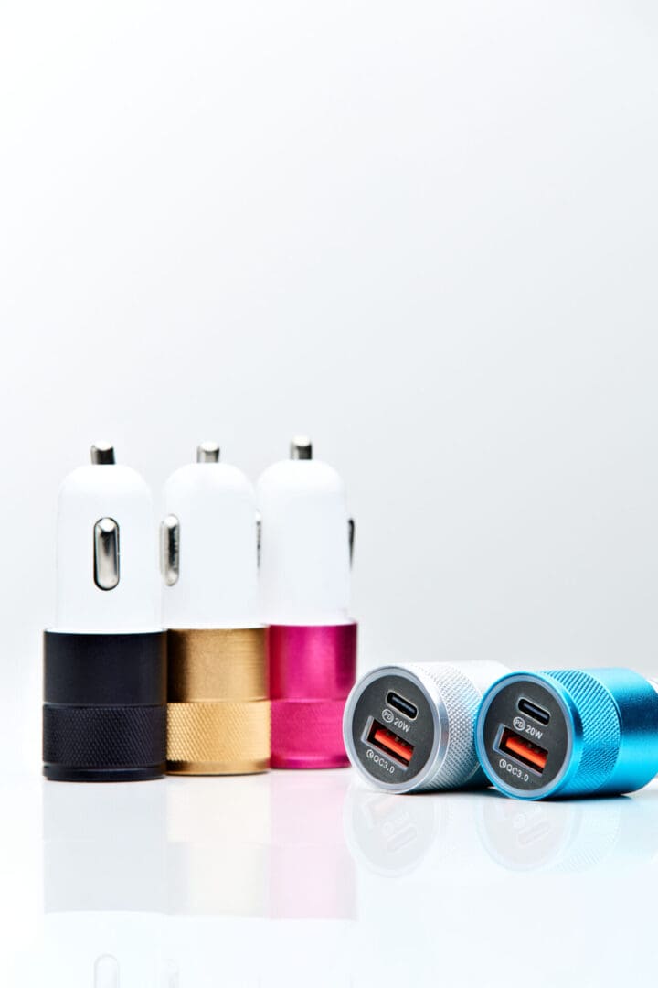 Four car chargers with different colors.