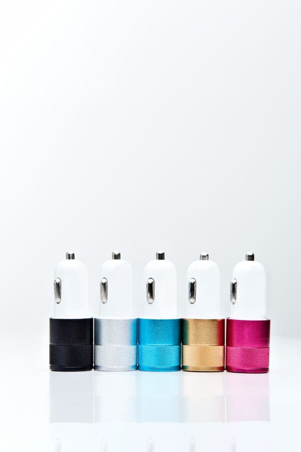 Five colorful car phone chargers.