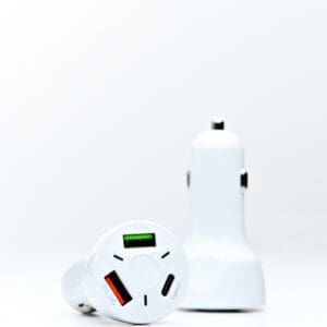 White car charger with three ports.