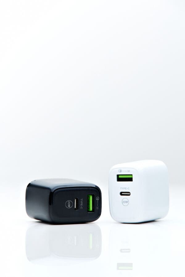 Black and white 20W phone chargers.