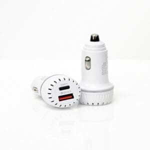 White car charger with dual ports.
