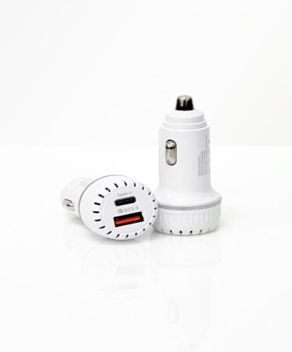 White car charger with dual ports.