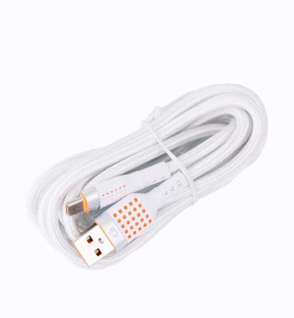 White braided USB charging cable.