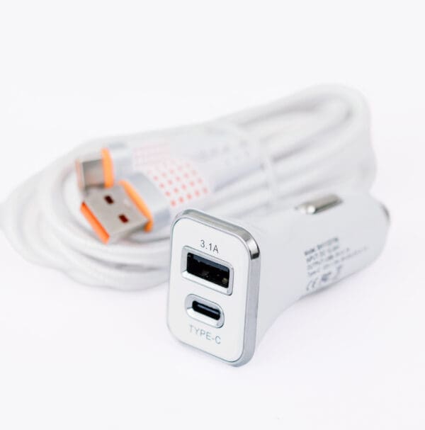 White car charger with two ports.