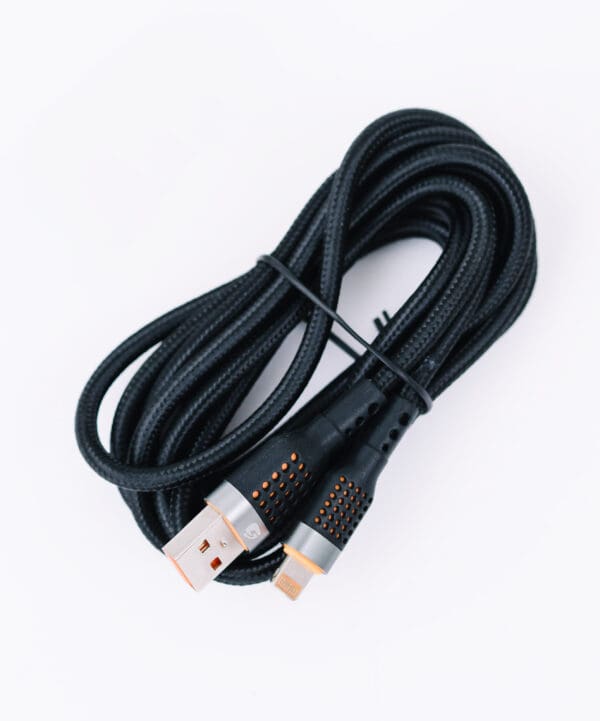 Black braided charging cable with connectors.