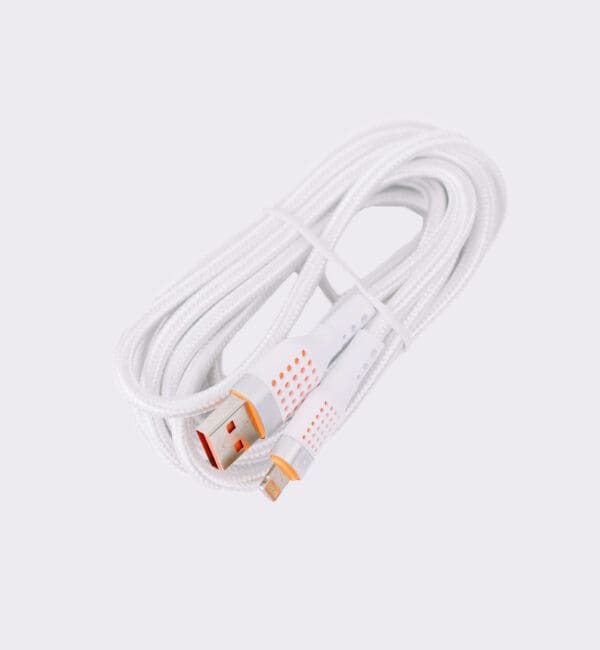 White charging cable with USB and lightning connector.