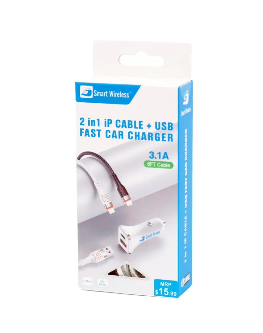 2-in-1 car charger with USB cable.