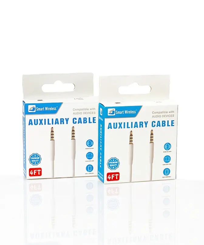 Two 4ft white auxiliary cables in packaging.