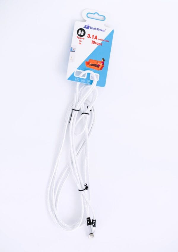 White 10ft Type-C to iPhone charging cable.