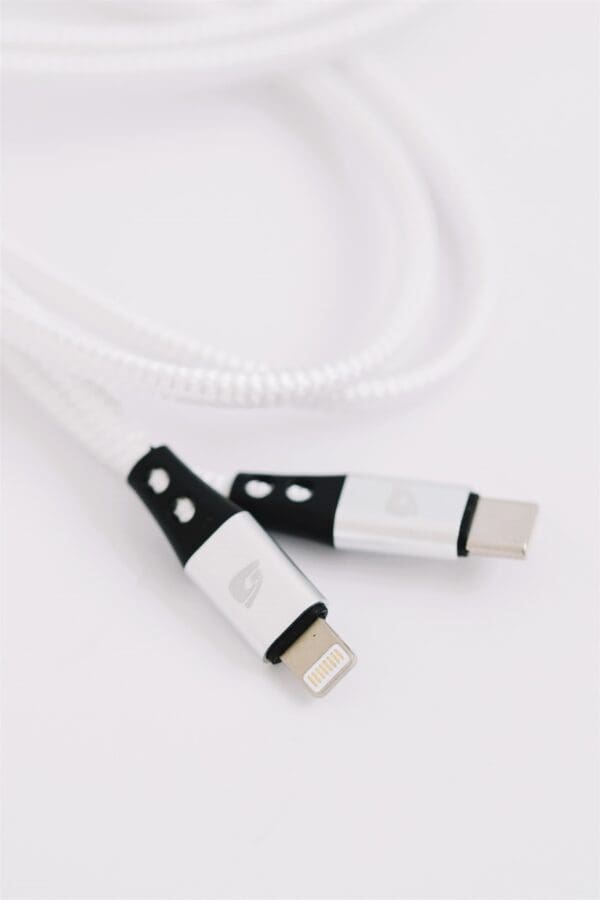 White braided charging cable with connectors.