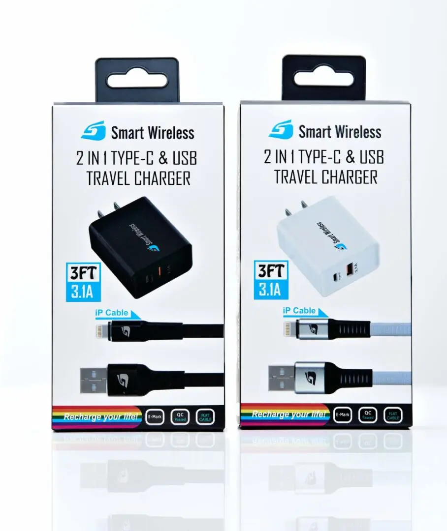 Two packages of smart wireless 2 in 1 type c and usb mains charger.