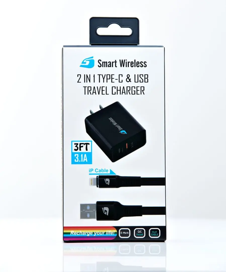 A package of the smart wireless 2 in 1 type c and usb travel charger.