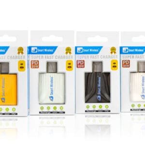 Four 35W super fast chargers in different colors.