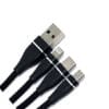 Black charging cable with three connectors.