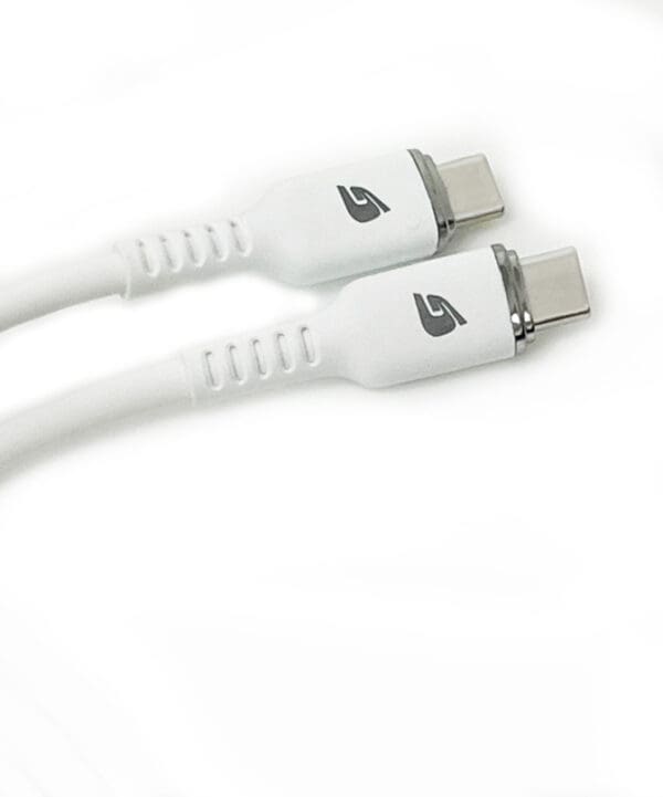 White USB-C charging cable with logo.